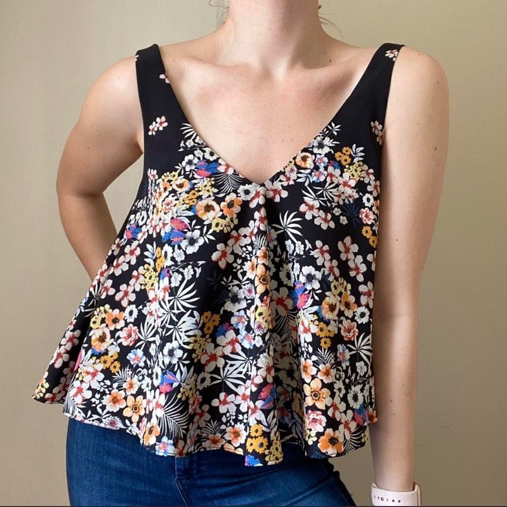 Zara Black Floral V Neck Swing Tank Top